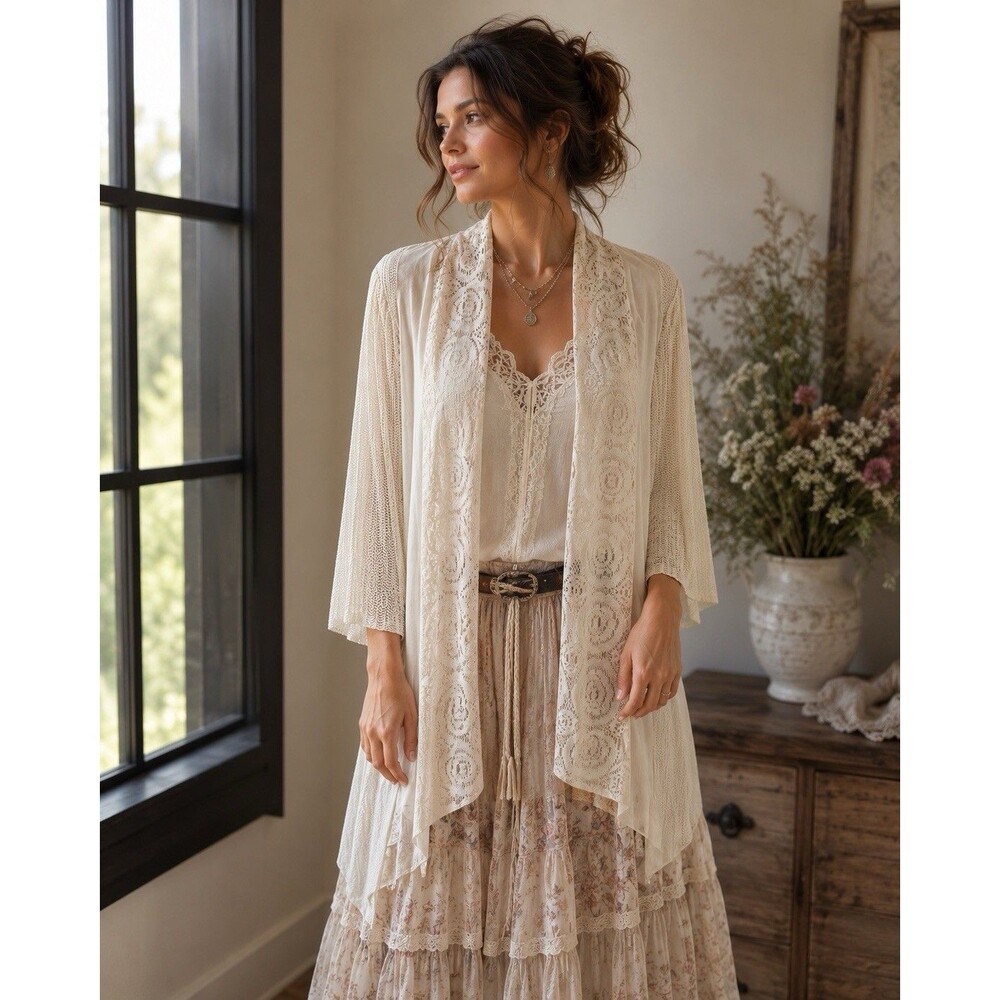 CHICO'S TRAVELERS COLLECTION Women’s Lace Duster Cardigan Cream Size 2 (L) Boho